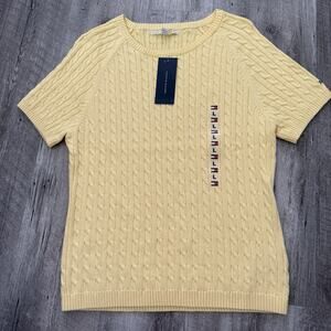 Tommy Hilfiger Cable Knit Short Sleeve Sweater Womens Large Yellow Cotton Top